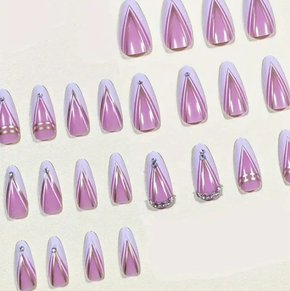 🔥3/$21 French style Rhinestone accents & Gold lines Press On False Nails